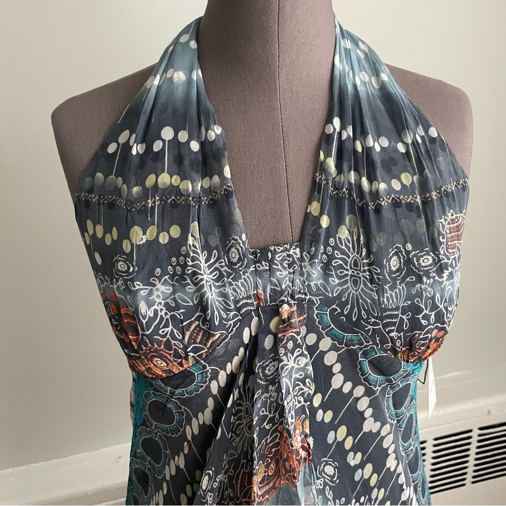 Adriana Papell multicolor silk halter dress with handkerchief hem size 8